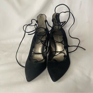 Saks Black Suede Lace-Up Pumps – High Block Heel – Back Zip – Size US 7